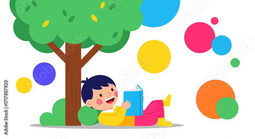Joyful Reader Finds Solace Beneath Shady Boughs in Vivid Cartoon Illustration