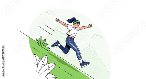 Joyful Runner Sprinting Downhill with Open Arms and Scenic Mountain Views