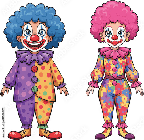 Cartoon clowns, colorful costume, illustration, blue hair, pink hair, red nose, makeup, polka dots, floral pattern, ruffled collar, shoes, gloves, circus, entertainment, cheerful,