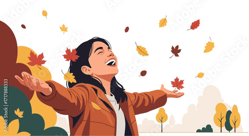 Joyful Woman Enjoying Autumnal Foliage Amidst a Vibrant And Colorful Fall Landscape