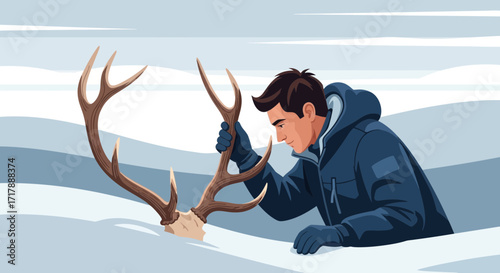 Man Inspects Abandoned Antlers In Snowy Landscape Under Cloudy Conditions
