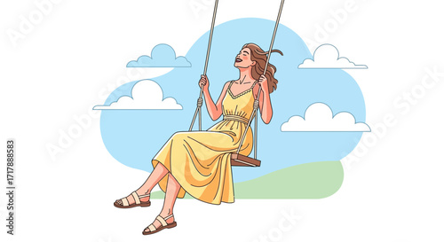 Joyful Woman Swings, Laughing, Enjoying Fresh Air and Beautiful Day Outdoors in the Sky