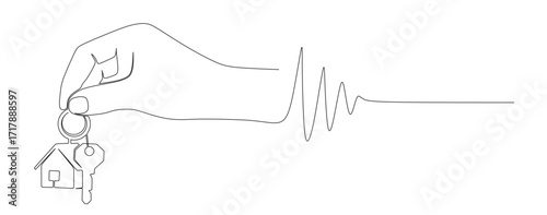 Continuous line art of a hand holding a house and keys. The concept of success and achievement in realizing desires.