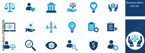 Business ethics icon set fairness, integrity, loyalty, trust, equality, code of conduct, honesty, anti corruption, transparency