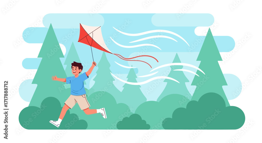Fototapeta premium Joyful Young Boy Flying A Kite Enjoying Warm Summer Breeze Outdoors In Nature
