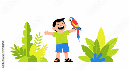 Joyful Young Boy with Adorable Bird Companion Happy in Vibrant Floral Surroundings