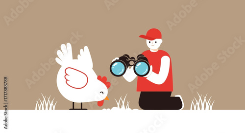 Man Observes a Large Chicken with Binoculars in an Illustrative and Unique Depiction