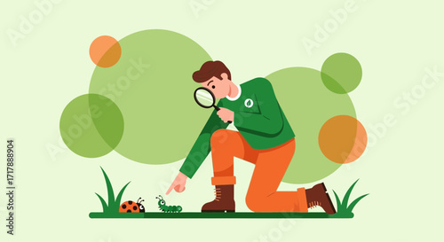 Man Observing Insects with Magnifying Glass, Exploring Nature and Discovering its Wonders