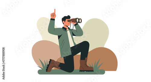Man Observing Scenery With Binoculars Pointing Upward Demonstrates Exploration and Observation
