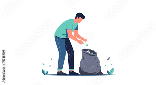 Man Picking Up Litter and Putting It Into Waste Bag to Improve World's Environment