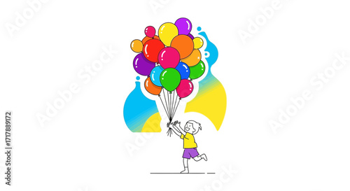 Joyful Youngster Embraces the Sky With Colorful Balloons and a Cheerful Expression