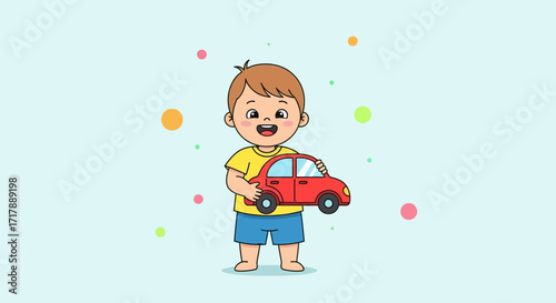 Joyful Youngster Holding a Red Toy Car Celebrating The Delight Of Early Childhood