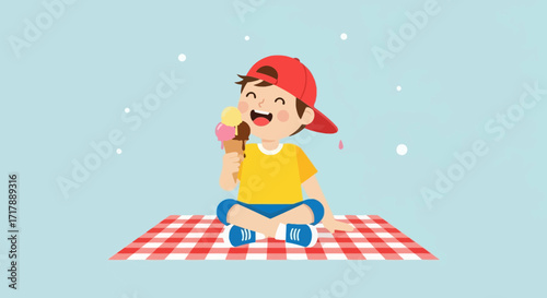 Joyful Youngster Savoring Ice Cream Cone While Relaxing on Checkered Blanket