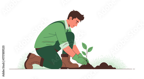 Man Planting Seedling in Soil, Caring For Nature, Gardening, Green Efforts, Eco Friendly Practices