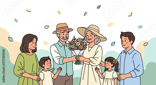 Joyous Family Celebration With Floral Gift For Grandparents, Happy, Loving Moments