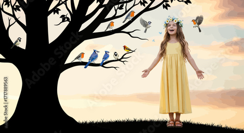Joyous Young Girl Enjoys Birds Gathering Around And The Sun Sunset Silhouette