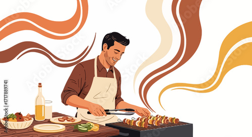 Man Prepares Grilled Delicacies, Smiling, Celebrating Gastronomy Excellence and Culinary Tradition