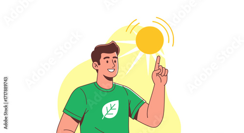 Man Pointing Towards Sun Symbolizing Climate Awareness, Eco-Friendly Living, and Sustainability