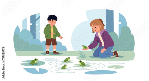 Kids Discovering Amazing Amphibians And Admiring The Enchanting Frogs In A Pond