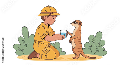 Kindhearted Zookeeper Offering Water To A Thirst-Quenched Little, Cute Meerkat