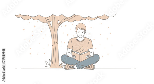 Man Reading Book Under Tree Enjoying Outdoors And Relaxing In Perfect Harmony