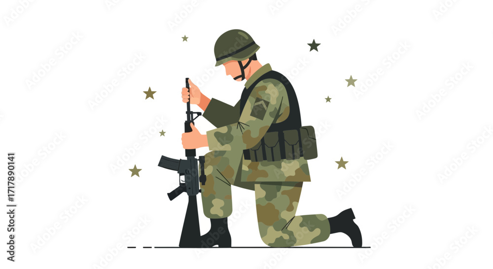 Fototapeta premium Kneeling Soldier Holding Rifle, Vector Illustration Representing Military Service and Valor