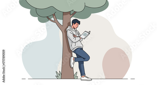 Man Reading Under Tree, Cartoon Illustration About Leisure Lifestyle and Relaxing Time