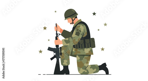 Kneeling Soldier Holding Rifle, Vector Illustration Representing Military Service and Valor