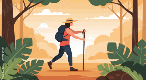 Lady Hiker in Outdoor Trail, Exploring Nature and Enjoying Scenic Forest Landscape