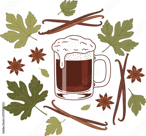 Vector Flat Lay of Root Beer with Classic Ingredients