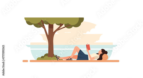 Lady Reading Underneath The Tree in the Summer Day Restful Scene Peaceful moment