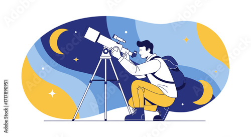 Man Using Astronomical Telescope Observing The Night Sky Illustrated Design