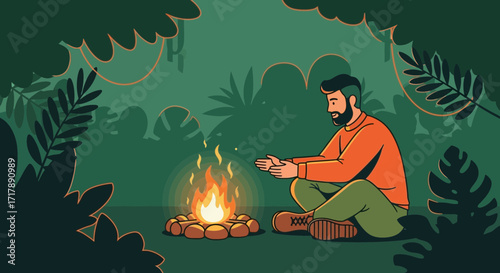 Man Warming Hands Near Campfire in Lush Forest During Evening Calm Moments