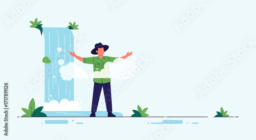 Man With Open Arms Near a Waterfall, Embracing Nature's Freedom And Serenity.