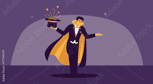 Magician Performing An Illusion With Vibrant Cape And Top Hat In Evening Setting Scene