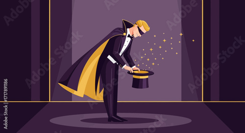 Magician With A Hat And Magic Spells On The Stage Shows An Illusion