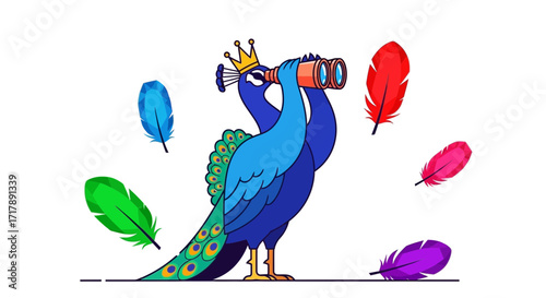 Majestic Peacock Observing with Binoculars Amidst Colorful Floating Feathers Illustration