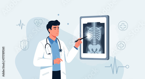 Medical professional examining X-ray, analyzing patient's internal bone structure for diagnosis