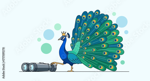 Majestic Peacock With Binoculars, Displaying Its Stunning Tail Feathers, Ready To Observe
