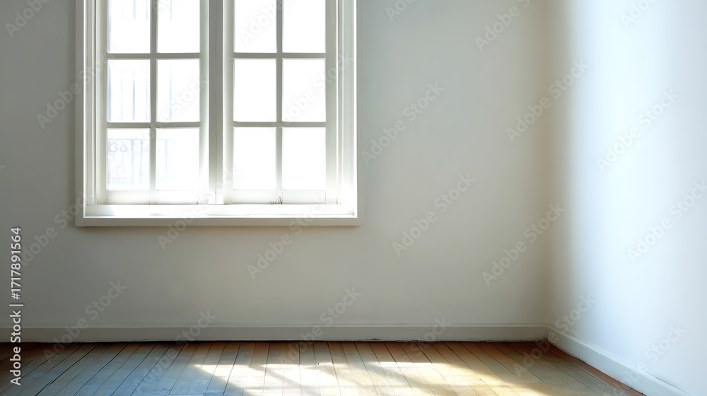 Fototapeta premium residential. Minimalist living room featuring white walls and wooden floors, bathed in natural ambient light for a clean aesthetic. real-estate listings.