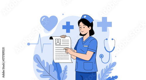 Medical Worker Examining Patient Records, Healthcare And Medical Illustration Concept