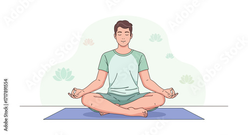 Meditating Male In Lotus Pose, Achieving Inner Peace And Tranquility In A Serene Environment