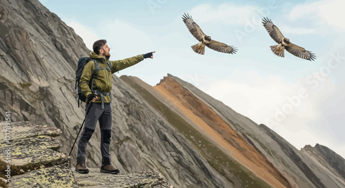 Man Ascending Mountain Observing Eagles Soaring Above Majestic Rocky Landscapes, Illustrative
