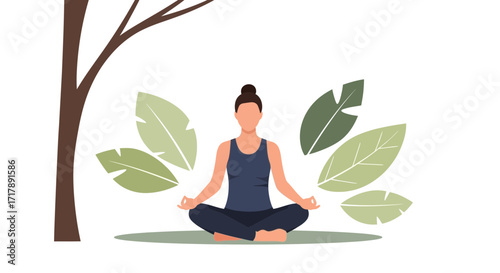 Meditating Woman Under Tree Surrounded By Leaves In Peaceful And Calm Environment Illustration