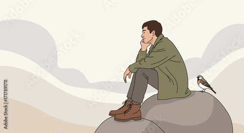 Melancholy Man Contemplating Life Near Nature Inspired Bird Landscape Scene