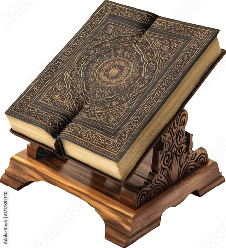 Ornate Antique Book on a Wooden Stand with Intricate Carvings ancient