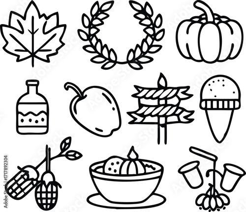 Fruit, leaves, and grains. Thanksgiving table decorations. Black line drawing vector illustration.