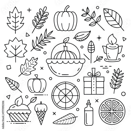 Fruits, leaves, and sweets. Thanksgiving table decorations. Black line drawing vector illustration.