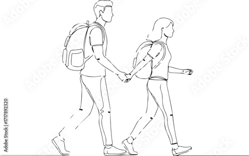 Minimal line art couple traveling with backpacks holding hands