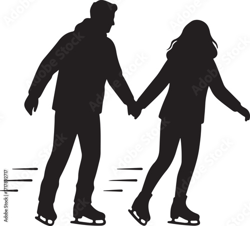 Solid black silhouette couple ice skating holding hands